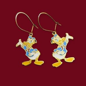 Vtg DISNEY 1970s Donald Duck Gold and Blue Enamel Hook Earrings